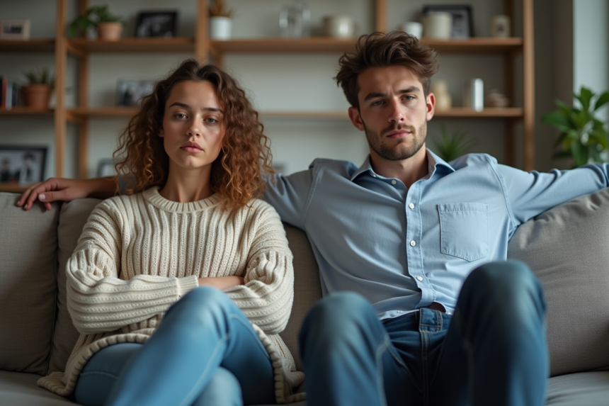 Frères adultes assis sur un canapé évitant le regard