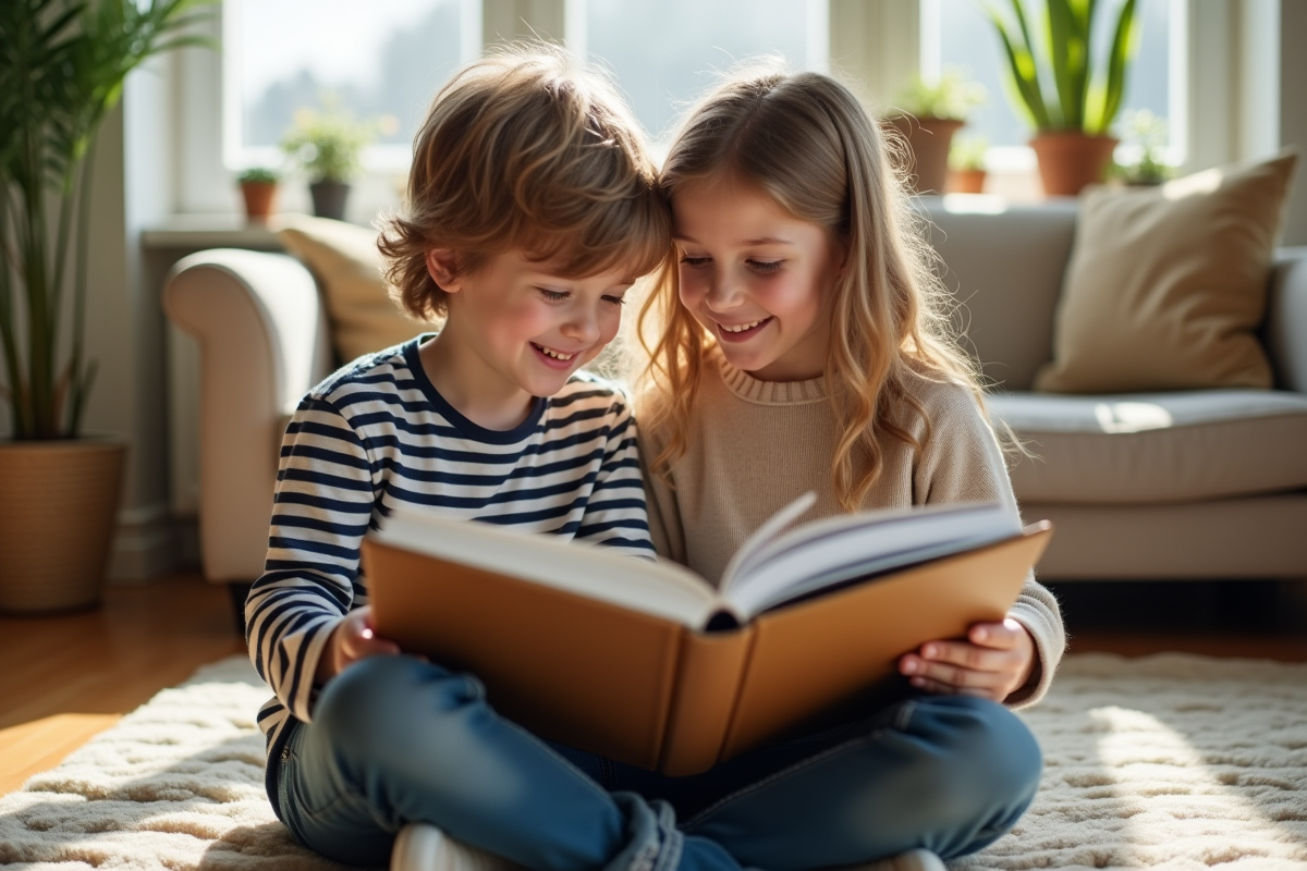 Deux freres et soeurs regardant un album photo dans un salon lumineux