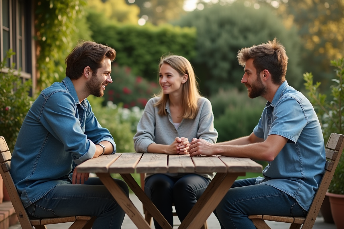Trois frères et sœur assis dans le jardin en famille