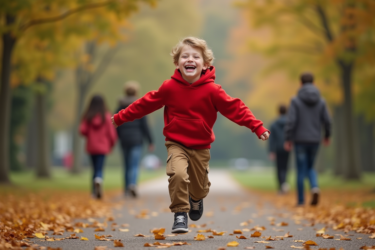 Garçon de 7 ans courant dans un parc en automne avec ses amis