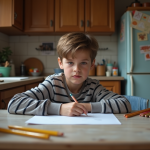 Garçon de 9 ans dessinant dans une cuisine familiale simple