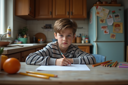 Garçon de 9 ans dessinant dans une cuisine familiale simple