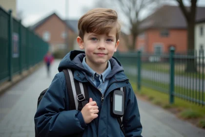 Garçon de 7 ans attachant un GPS à son sac à l'école