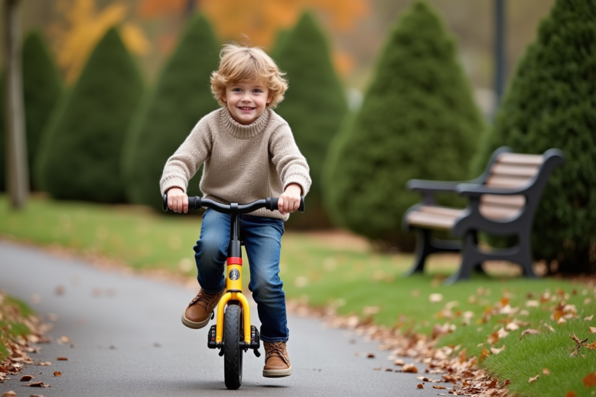 Garçon souriant en vélo 50 piwis dans un parc