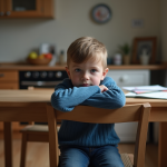 Jeune garçon pensif assis seul à la table de cuisine