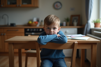 Jeune garçon pensif assis seul à la table de cuisine