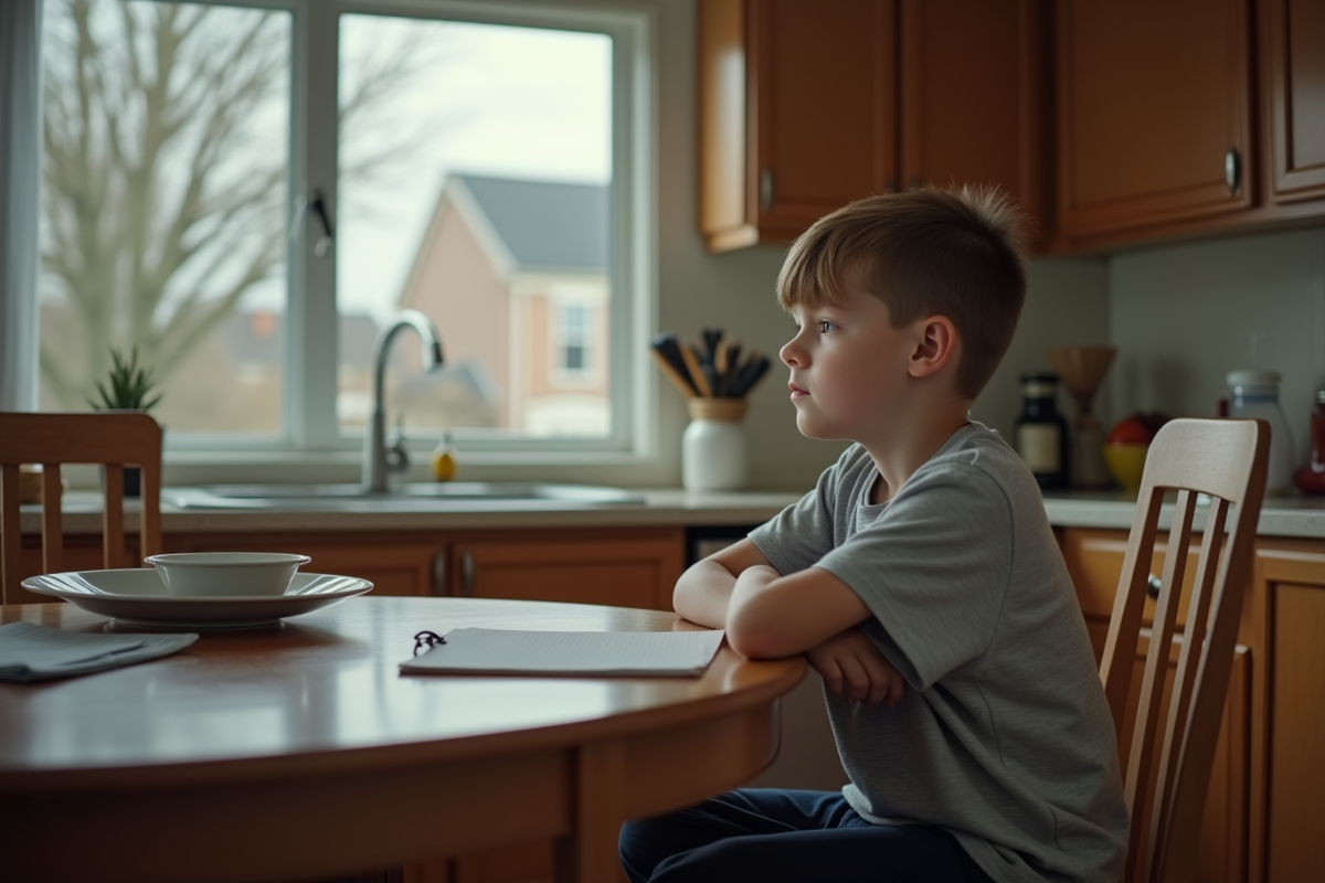 Jeune garçon assis seul à la table de cuisine