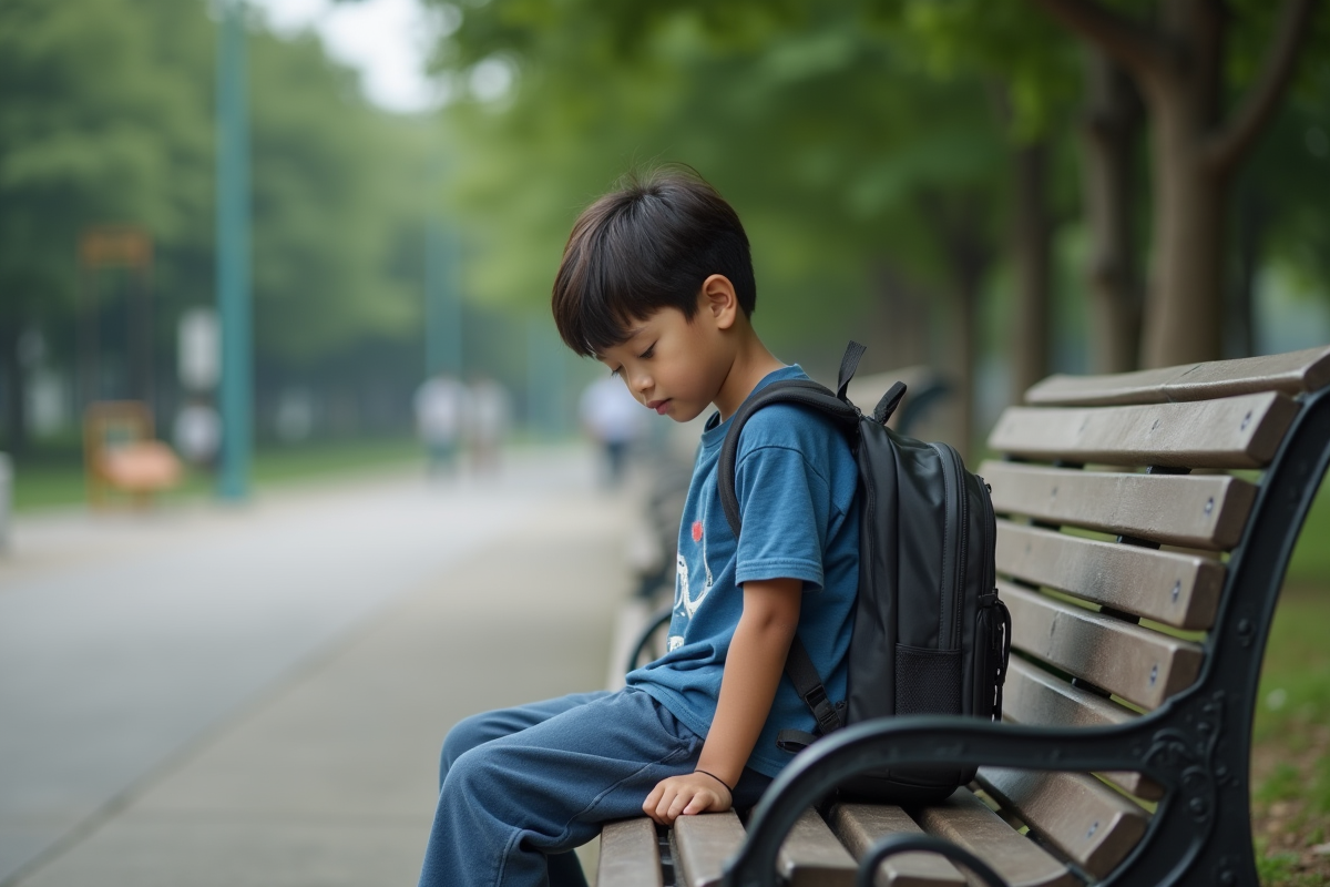 Garçon seul sur un banc de parc dans un environnement urbain