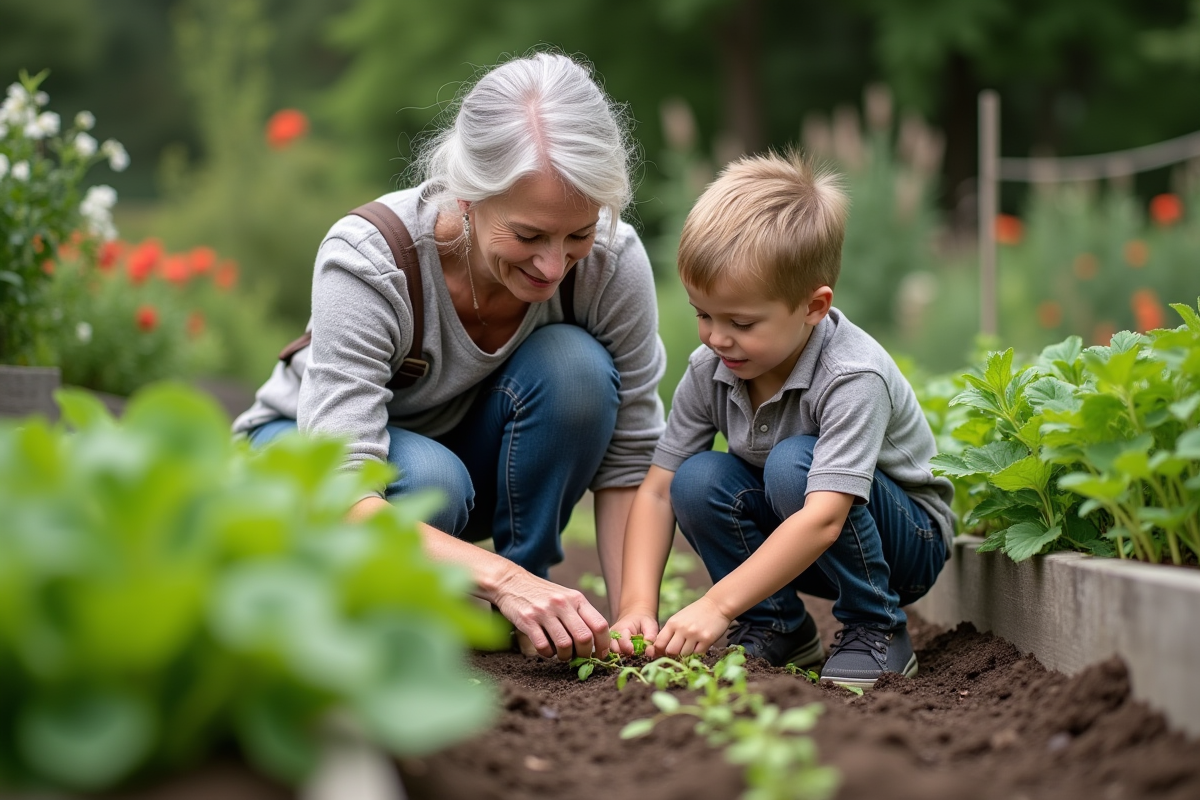 Une grand-mère aux cheveux gris jardine avec son petit-fils dans un jardin communautaire