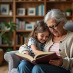 Une grand-mère âgée lit un album photo avec sa petite fille dans un salon chaleureux