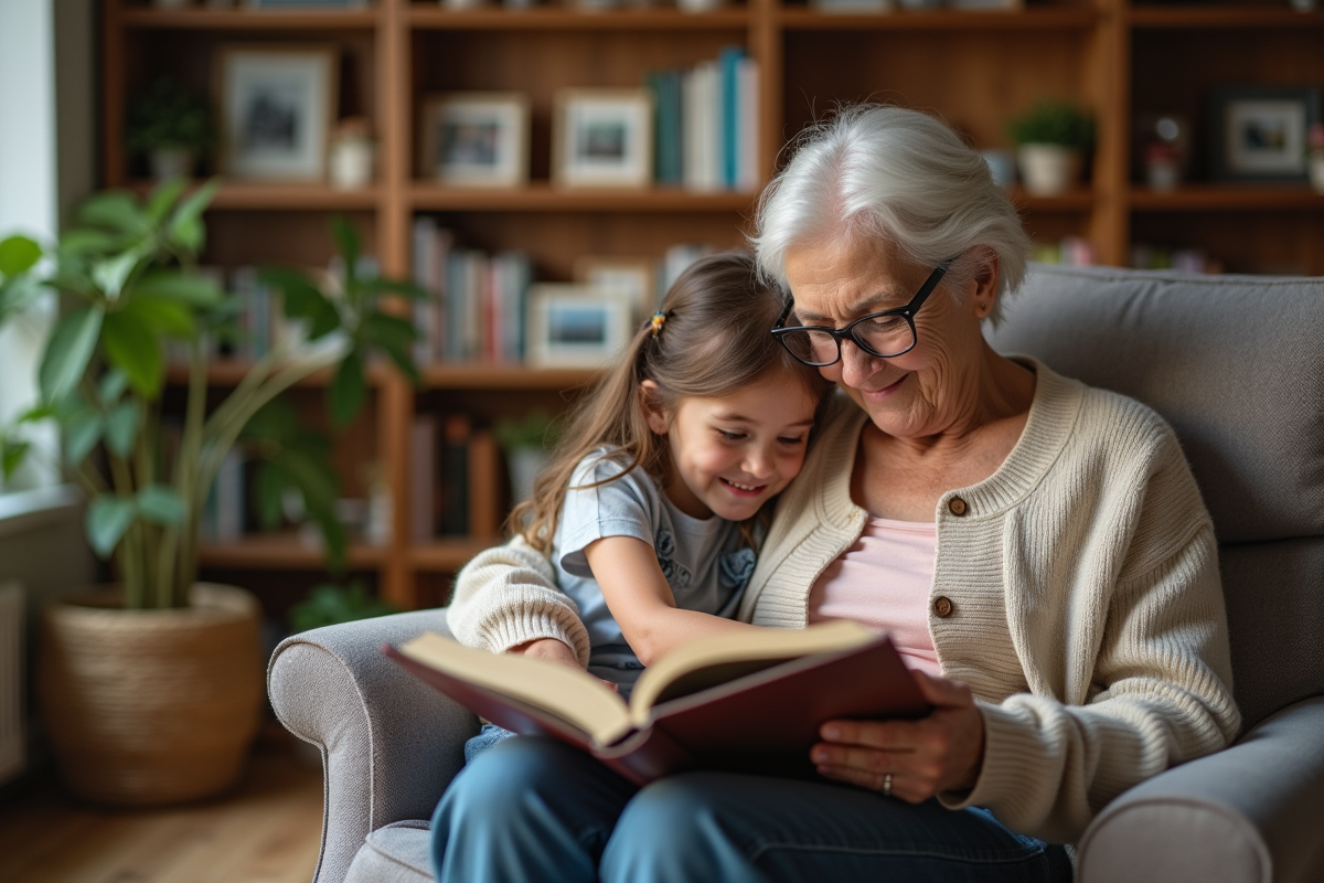 Une grand-mère âgée lit un album photo avec sa petite fille dans un salon chaleureux