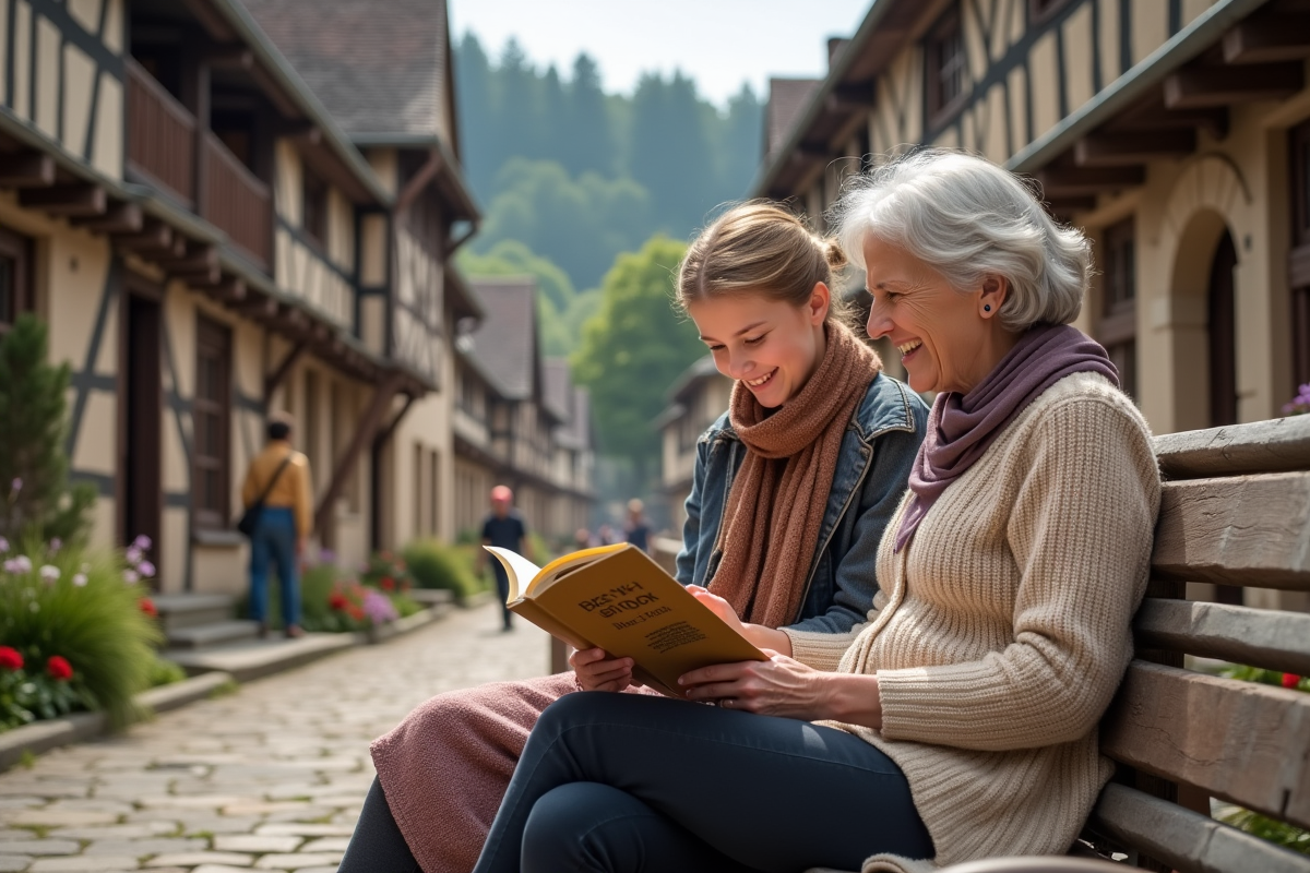 Grand-mère et petite fille discutant dans un village médiéval