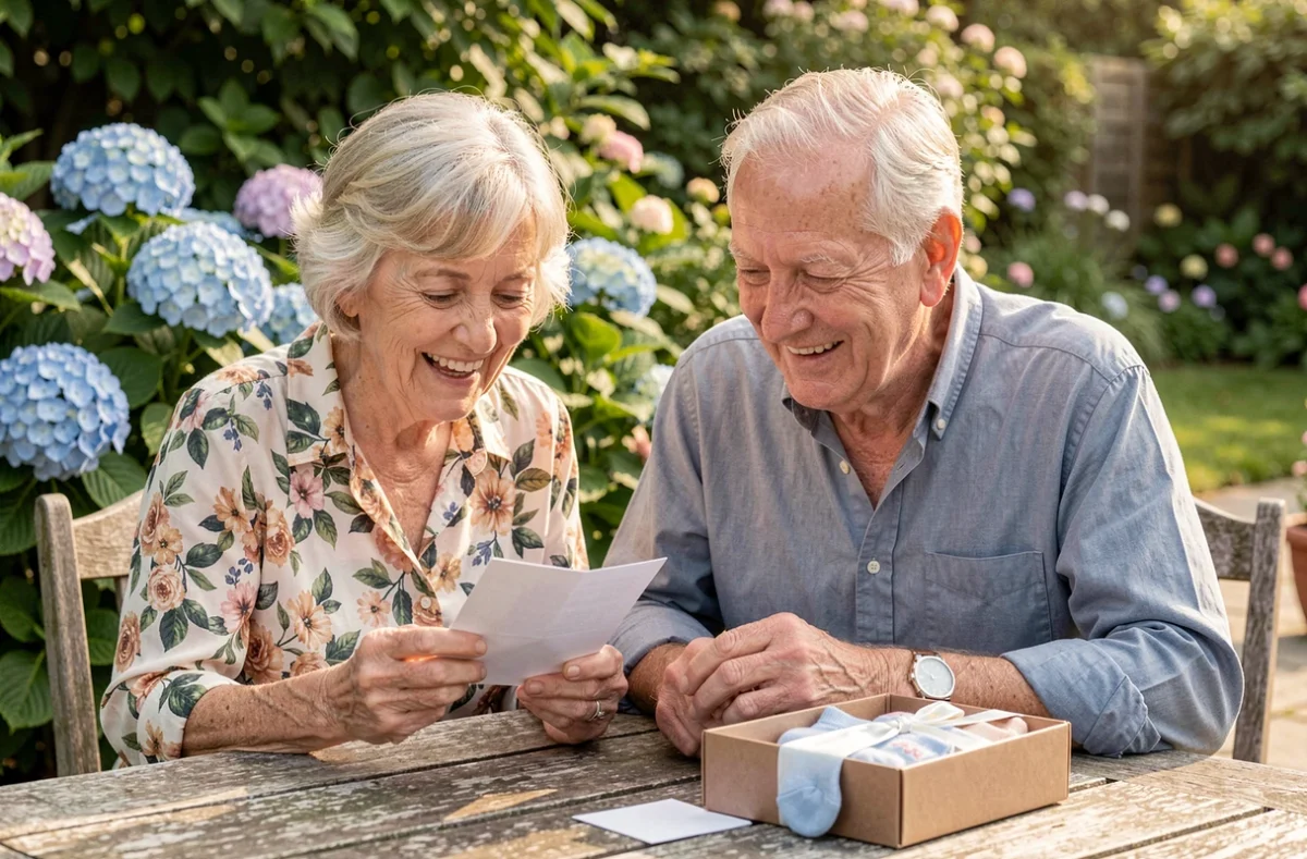 Grands-parents émus lisant une carte d'annonce de grossesse dans leur jardin avec un cadeau contenant des chaussettes bébé