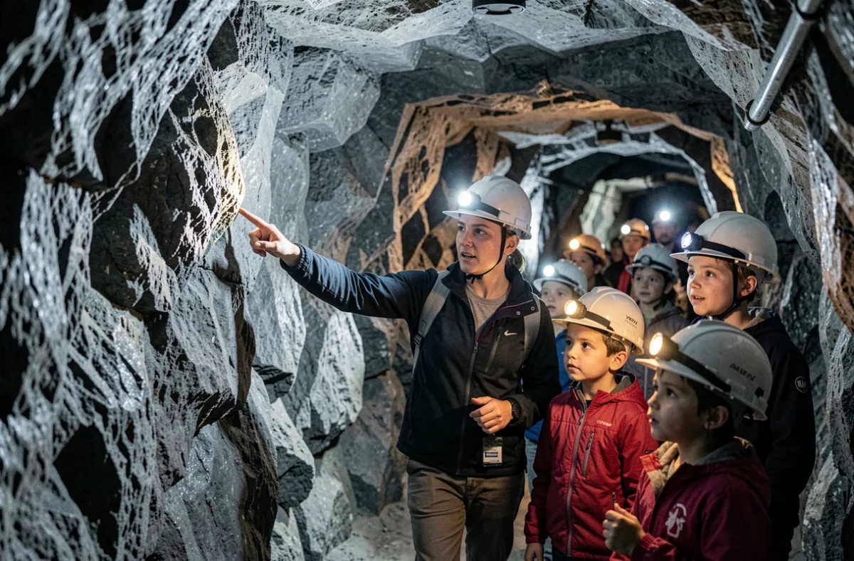 Visiteurs explorant les galeries souterraines de la Grotte de la Pierre à Volvic