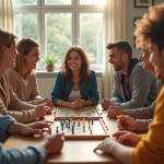 Groupe d'amis riant autour d'un jeu de société lumineux