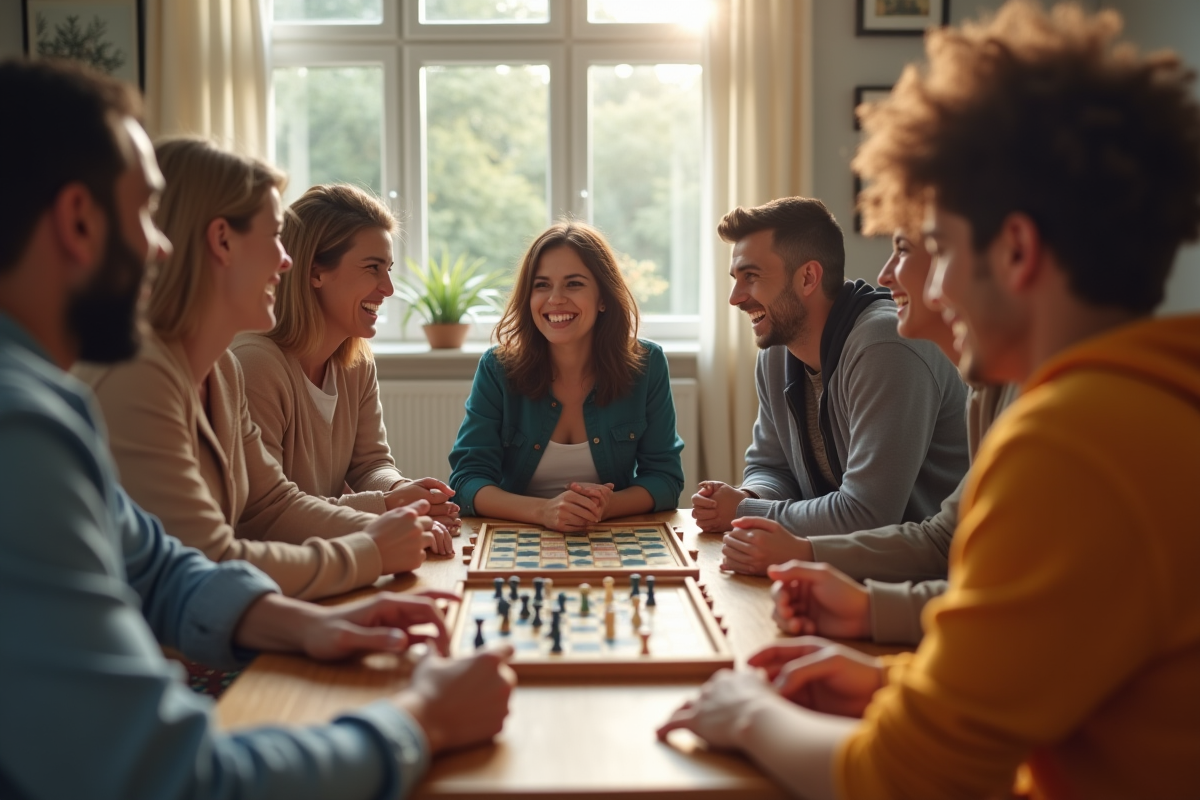Groupe d'amis riant autour d'un jeu de société lumineux