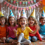 Enfants joyeux en fête d'anniversaire colorée