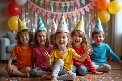 Enfants joyeux en fête d'anniversaire colorée