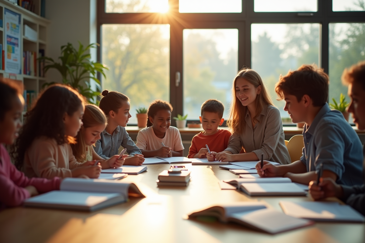 Groupe d'étudiants et enseignant dans une salle moderne