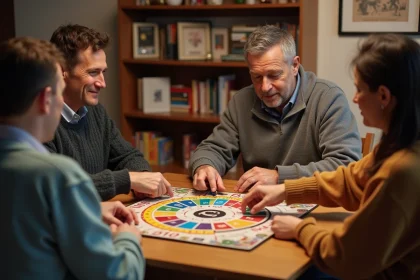 Groupe de quatre adultes jouant à Trivial Pursuit à table