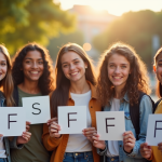 Groupe de jeunes souriants tenant des cartes avec F en extérieur