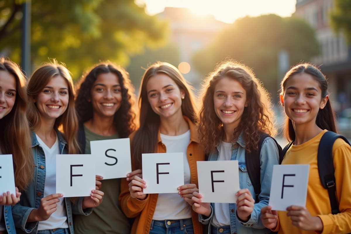 Groupe de jeunes souriants tenant des cartes avec F en extérieur