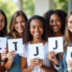Groupe divers souriant tenant des cartes avec J