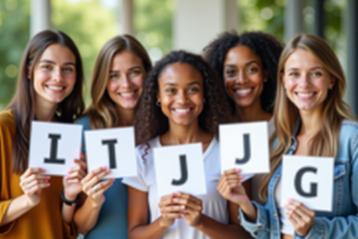 Groupe divers souriant tenant des cartes avec J