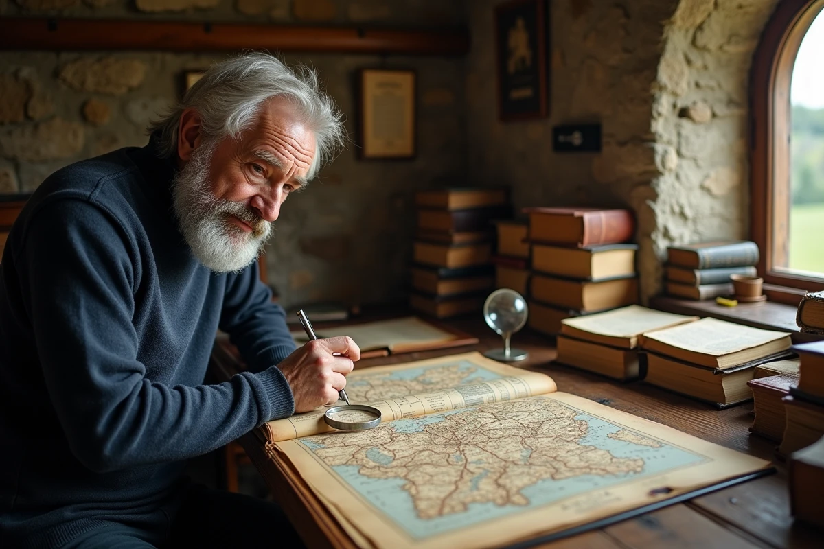Homme âgé analysant des cartes régionales et des registres paroissiaux anciens pour décrypter l'origine géographique d'un nom de famille