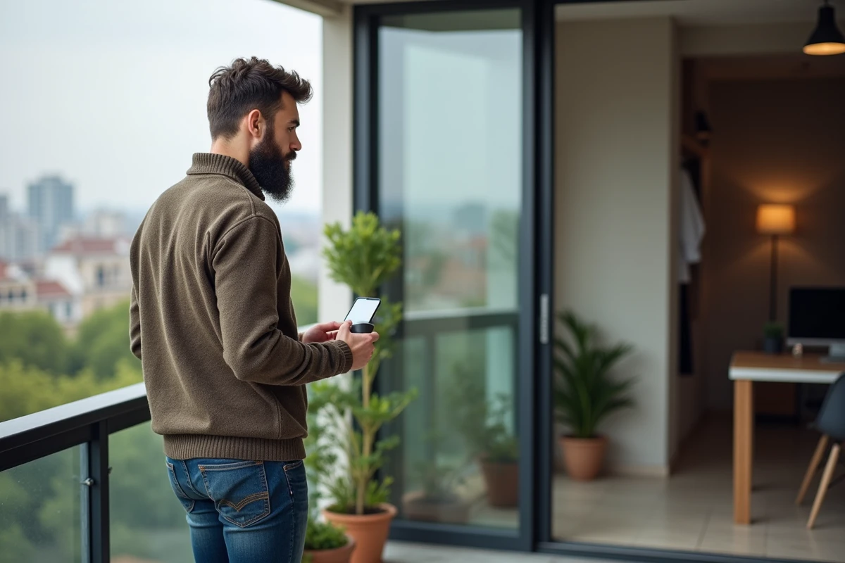 Homme pensif sur un balcon avec vue sur la ville
