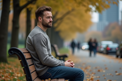 Homme pensif assis sur un banc en automne dans un parc