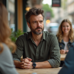 Homme assis au café avec regard discret vers une femme
