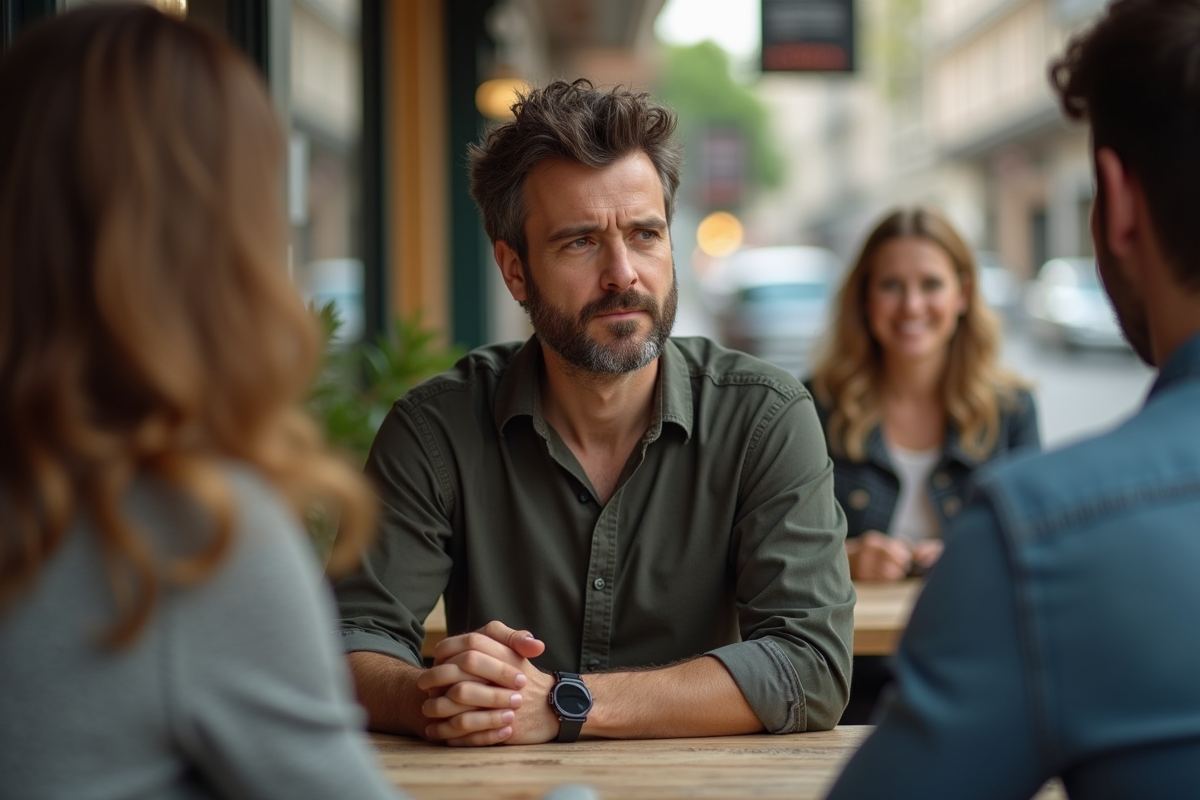 Homme assis au café avec regard discret vers une femme