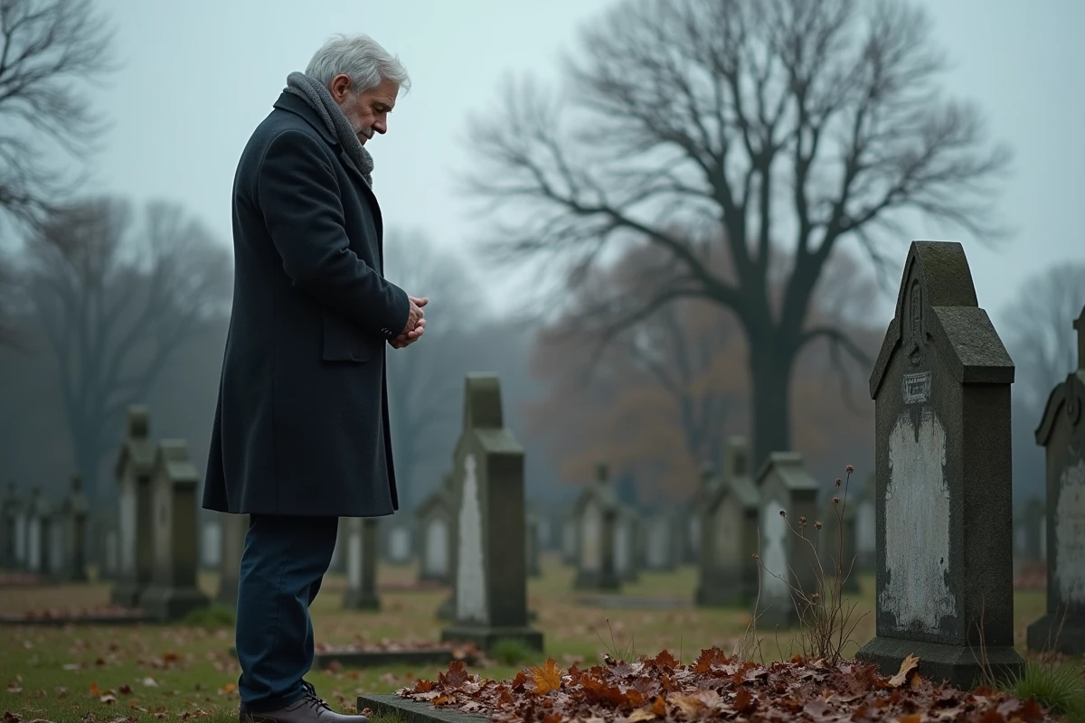 Homme âgé debout devant une tombe dans un cimetière en automne, évoquant la culpabilité et le souvenir lors d'un anniversaire de décès