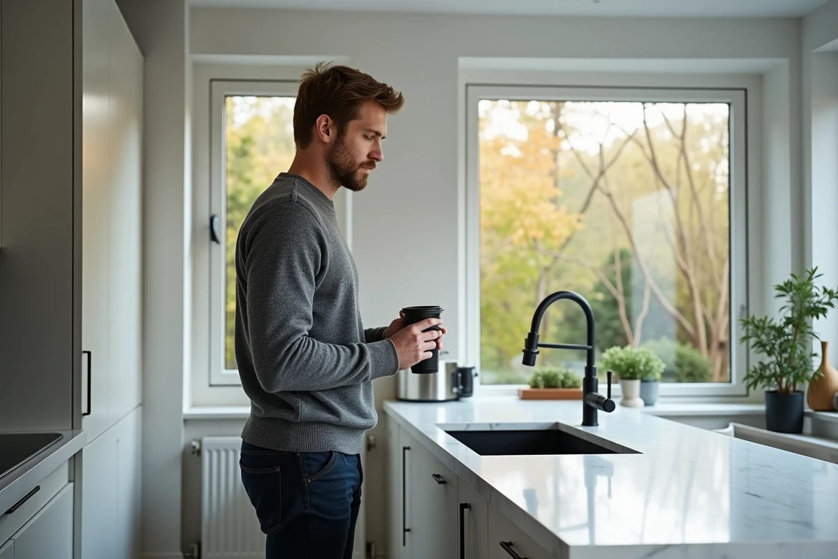 Homme en pause dans sa cuisine familiale moderne, illustrant l'équilibre difficile entre carrière journalistique exigeante et vie de famille