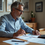 Homme d'affaires examinant documents financiers dans un appartement