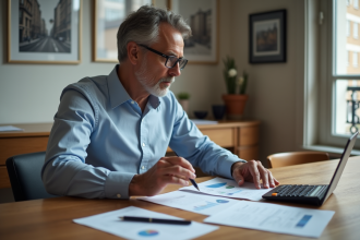 Homme d'affaires examinant documents financiers dans un appartement