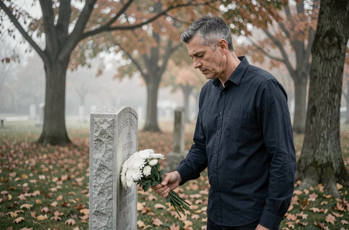 Homme déposant des fleurs blanches sur une tombe en pierre dans un cimetière en automne, en souvenir de son père décédé