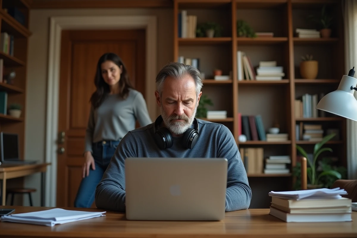 Homme ignorant sa partenaire dans un bureau à domicile, femme à la porte cherchant à renouer le contact, représentant la mise à l'écart volontaire après un conflit