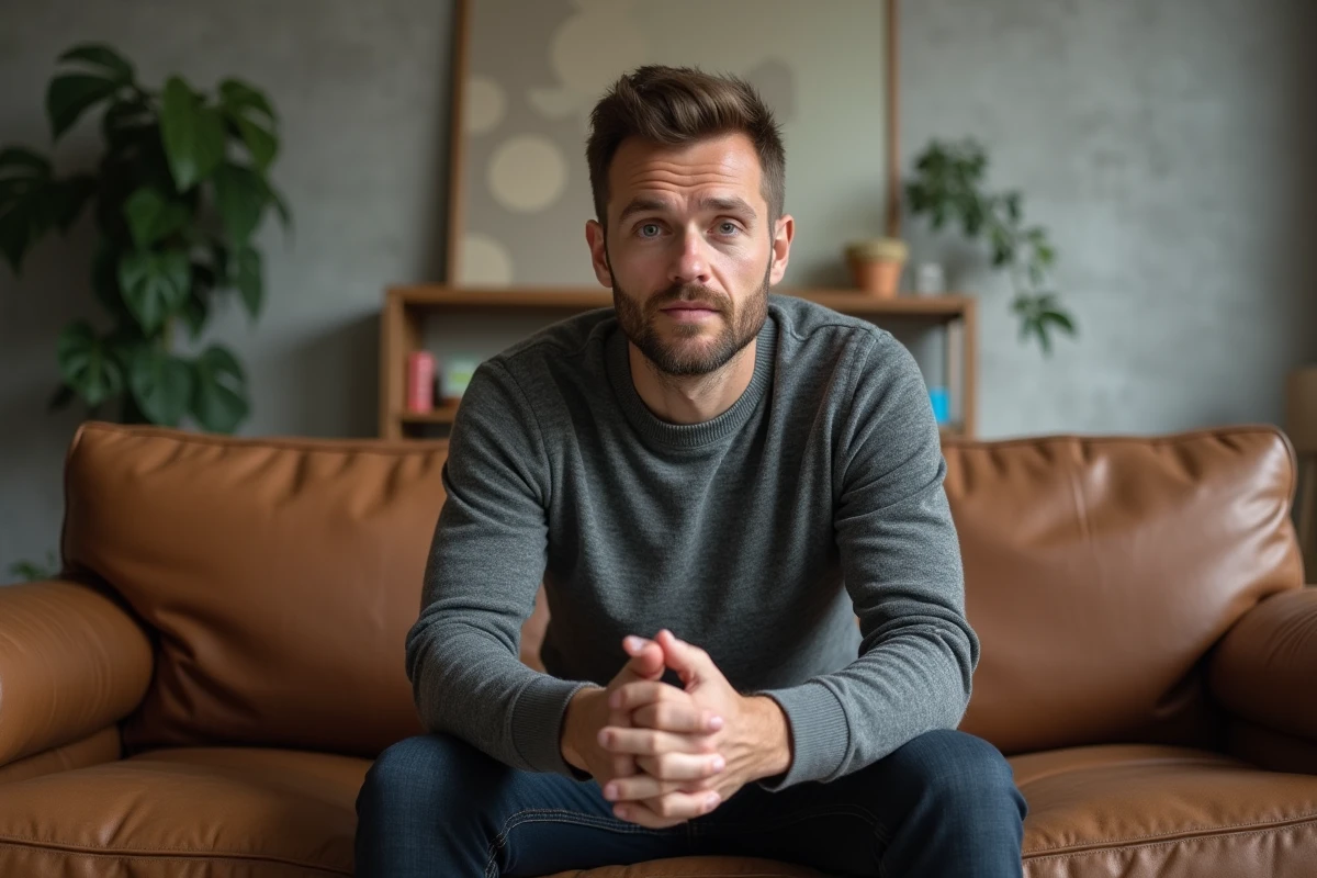 Homme en interview sincère dans un intérieur minimaliste, révélant des confidences sur sa vie privée