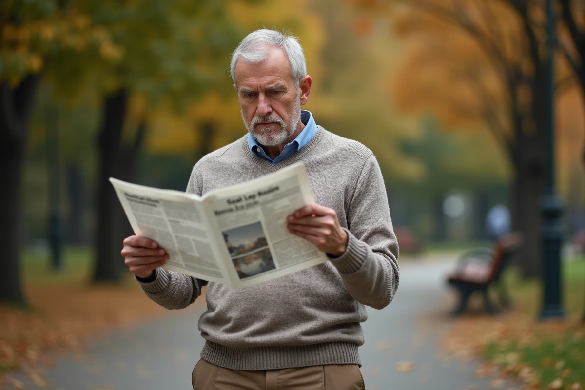 Homme lisant un journal dans un parc en automne