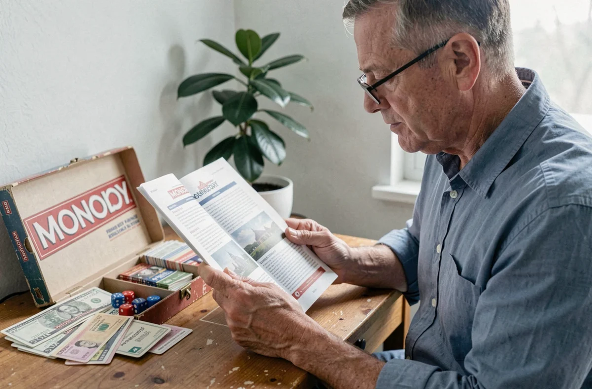 Homme lisant attentivement le livret de règles officiel du Monopoly classique à son bureau