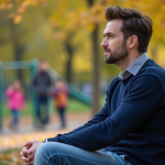 Homme contemplatif assis dans un parc en automne