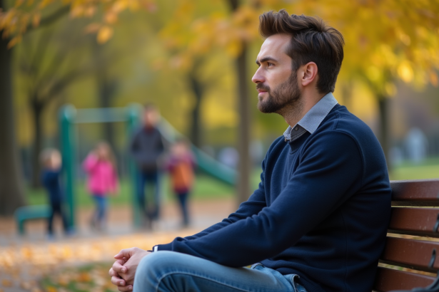 Homme contemplatif assis dans un parc en automne