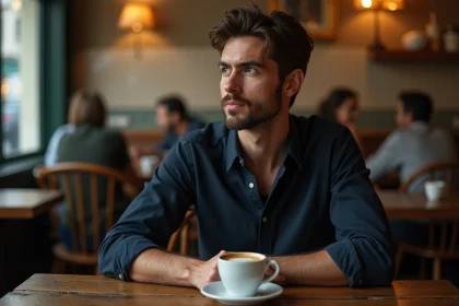 Homme pensif seul dans un café parisien, regard introspectif évoquant identité et vie personnelle