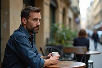 Homme pensif attablé dans un café parisien, exprimant une intimité rare et une vie privée préservée