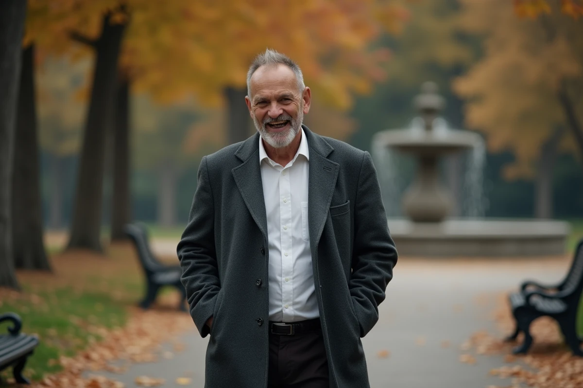 Homme marchant seul dans un parc automnal, évoquant discrétion et confidences sur la vie privée