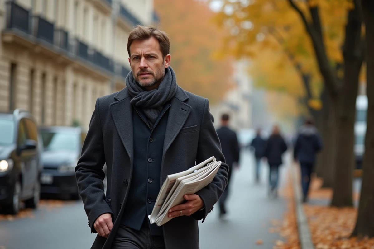 Homme marchant dans une rue résidentielle parisienne en automne avec un journal sous le bras, symbole du lien entre carrière médiatique et quotidien personnel