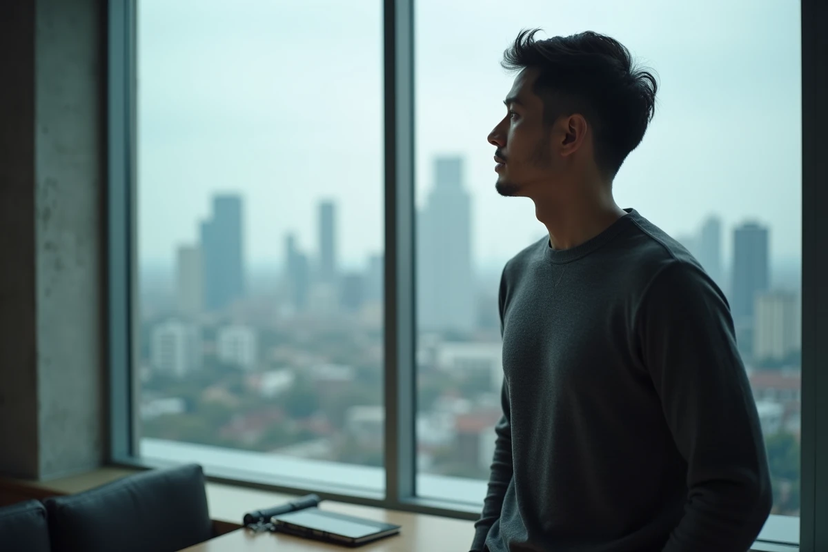 Homme seul face à une fenêtre dans un appartement moderne, silhouette pensive sur fond de skyline urbaine
