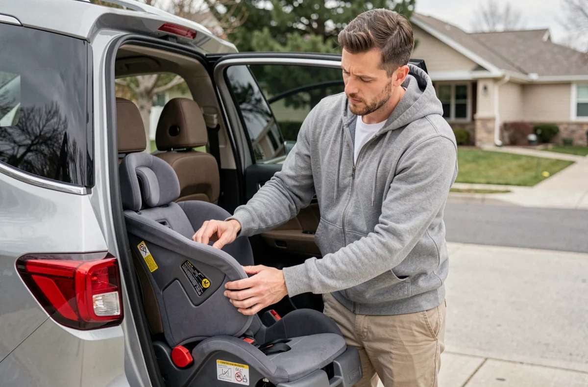 Père installant un siège auto dans un SUV pour tester son installation, avec un second modèle posé contre la portière